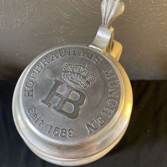 HB (HOFBRAUHAUS MUNCHEN)4.5" Slat Glazed Stoneware Beer Stein Pewter Lid Germany - Picture 2 of 6